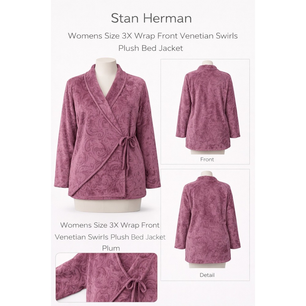 Stan Herman Womens 3X Venetian Swirls Plush Bed Jacket Plum Purple A235848 NWT‎